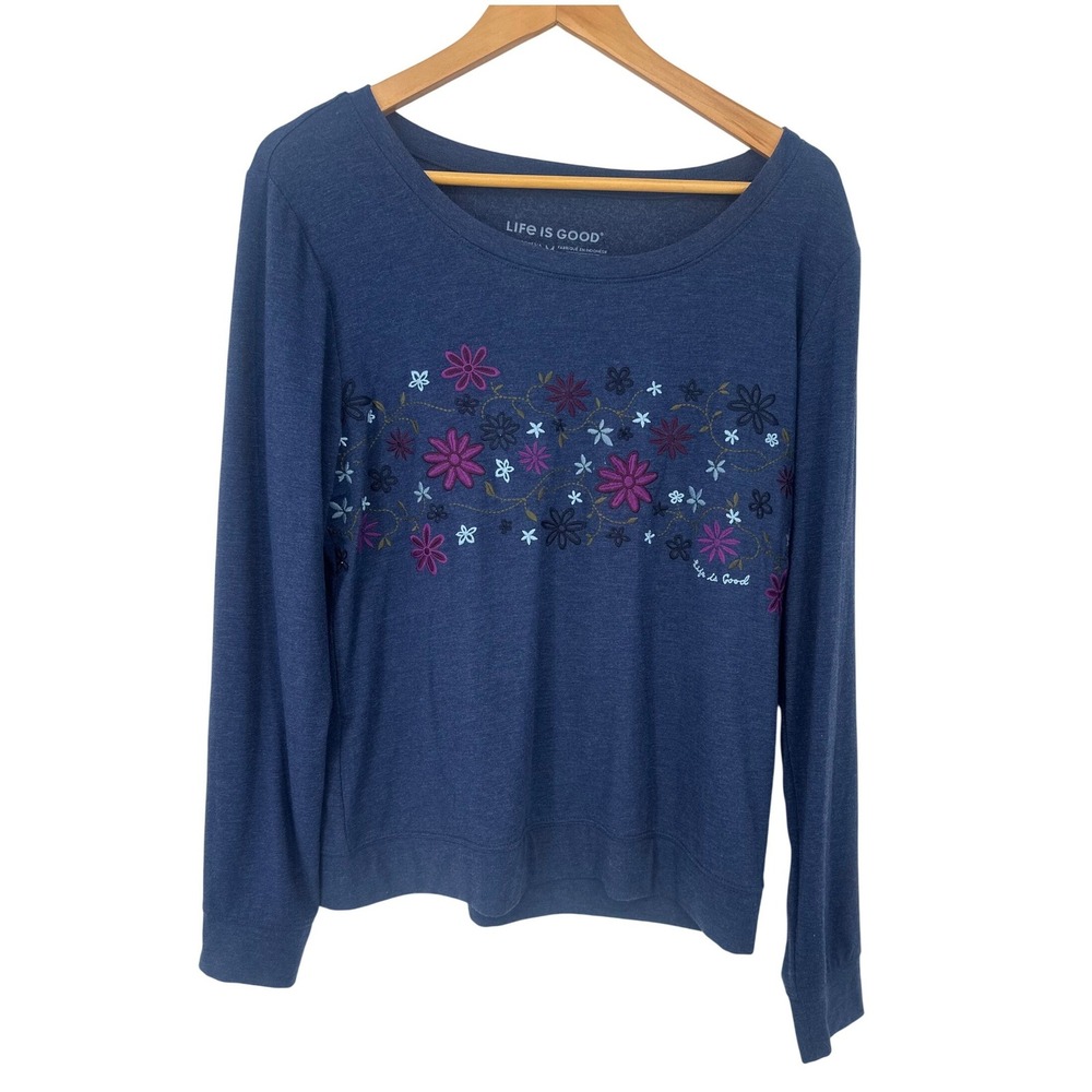 Life‎ Is Good Sweatshirt Womens M Blue Floral Embroidered Pullover Boho Lounge